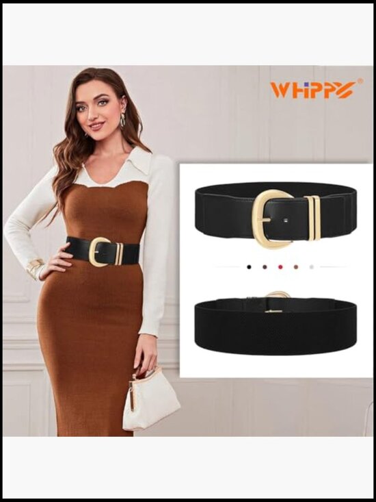 Wide Elastic Waist Belt with Gold Buckle for Dresses
